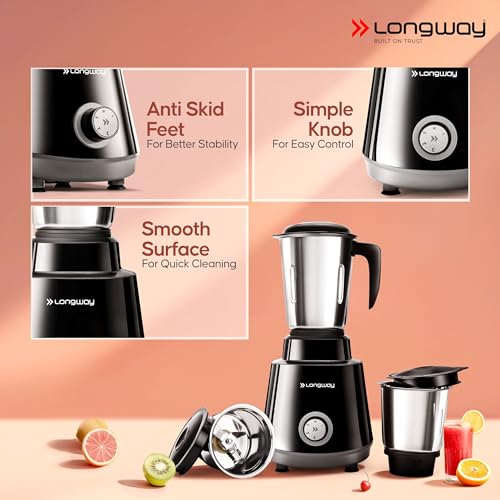 LONGWAY خلاط وعصارة لونغواي سوبر برو | محرك قوي يصل إلى 750 واط | 4 أوعية للطحن، الخلط، والعصير | ضمان لمدة سنتين | أسود ورمادي - Image 4