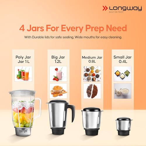 LONGWAY خلاط وعصارة لونغواي سوبر برو | محرك قوي يصل إلى 750 واط | 4 أوعية للطحن، الخلط، والعصير | ضمان لمدة سنتين | أسود ورمادي - Image 5