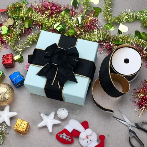 Coowayze Black Wired Velvet Ribbon, Christmas Ribbon Wired 2.5 inch Wide, 10 Yards Vintage Black and Gold Ribbons for Christmas Tree Decorations, Topper Bow Ornaments, Gift Wrapping, Wreaths, Crafts, Garland - Image 3