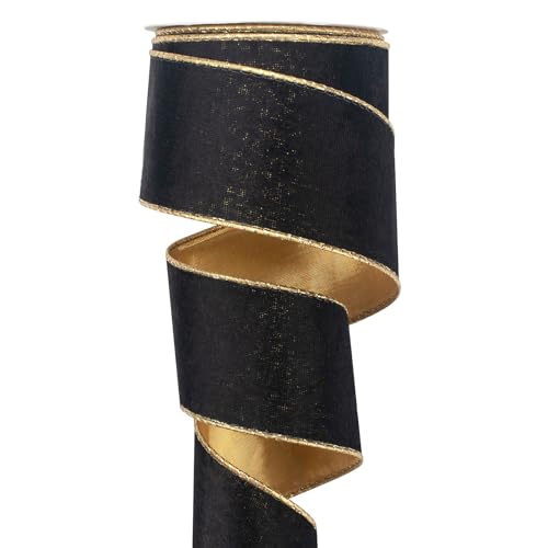 Coowayze Black Wired Velvet Ribbon, Christmas Ribbon Wired 2.5 inch Wide, 10 Yards Vintage Black and Gold Ribbons for Christmas Tree Decorations, Topper Bow Ornaments, Gift Wrapping, Wreaths, Crafts, Garland - Image 1