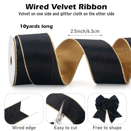Coowayze Black Wired Velvet Ribbon, Christmas Ribbon Wired 2.5 inch Wide, 10 Yards Vintage Black and Gold Ribbons for Christmas Tree Decorations, Topper Bow Ornaments, Gift Wrapping, Wreaths, Crafts, Garland - Image 2