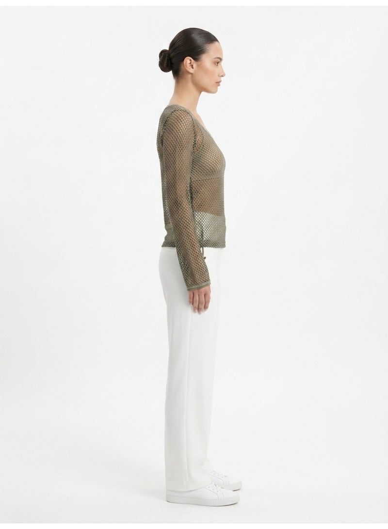 LOUD UNIVERSE Women's Long Sleeve Mesh Knit T-Shirt, Khaki - Image 2