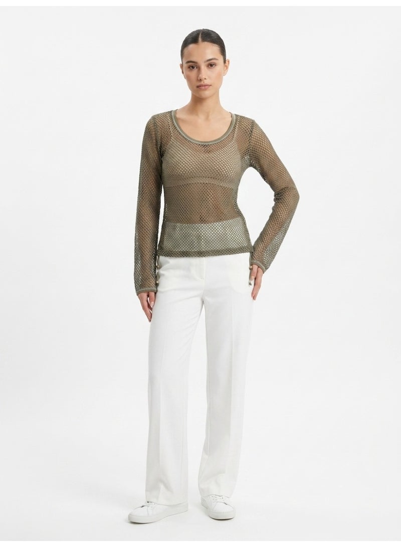 LOUD UNIVERSE Women's Long Sleeve Mesh Knit T-Shirt, Khaki - Image 1