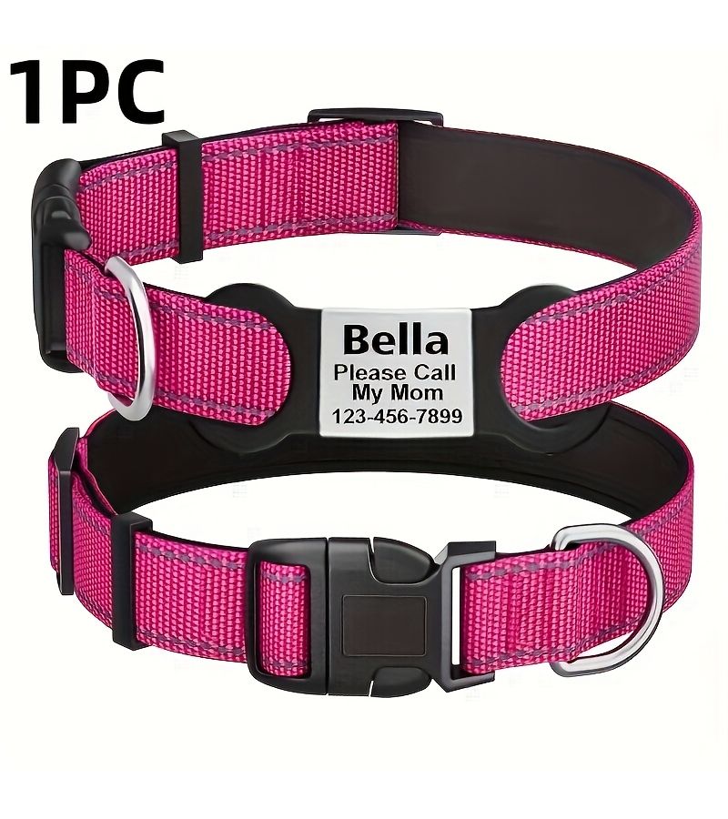 Personalized Reflective Pet Collar With Adjustable Tag Detachable Nameplate For Cats And Dogs Engravable Pink Size L - Image 1