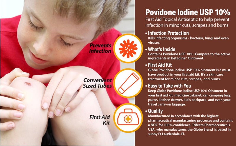 Globe (4 Pack) Povidone Iodine 10% First Aid Ointment 1 Oz, for Cuts Scrapes Burns (Compare to Betadine) - Image 3