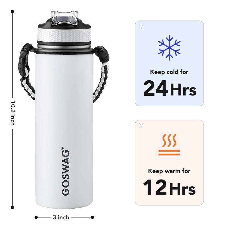 GOSWAG Insulated Sports Water Bottle, 24oz 2 Lids(with Straw/No Straw), Stainless Steel Water Bottles with Paracord Handle, Insulated Bottle with Double-Wall Vacuum Insulation - Image 2