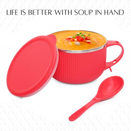 Jaypee Plus Stainless Steel Ribtok Meal Bowl Soup Bowl with Lid & Spoon for Every Day Breakfast Meal, Poha, Cornflaks, Cereal, Suitable for Birthday Gift Girls & Boys, 900ml,Red - Image 2