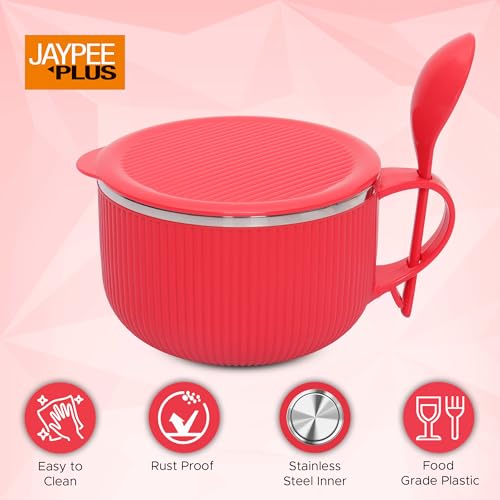 Jaypee Plus Stainless Steel Ribtok Meal Bowl Soup Bowl with Lid & Spoon for Every Day Breakfast Meal, Poha, Cornflaks, Cereal, Suitable for Birthday Gift Girls & Boys, 900ml,Red - Image 4