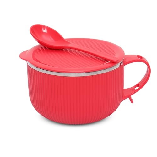 Jaypee Plus Stainless Steel Ribtok Meal Bowl Soup Bowl with Lid & Spoon for Every Day Breakfast Meal, Poha, Cornflaks, Cereal, Suitable for Birthday Gift Girls & Boys, 900ml,Red - Image 1