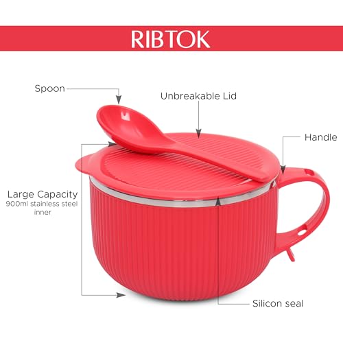 Jaypee Plus Stainless Steel Ribtok Meal Bowl Soup Bowl with Lid & Spoon for Every Day Breakfast Meal, Poha, Cornflaks, Cereal, Suitable for Birthday Gift Girls & Boys, 900ml,Red - Image 5
