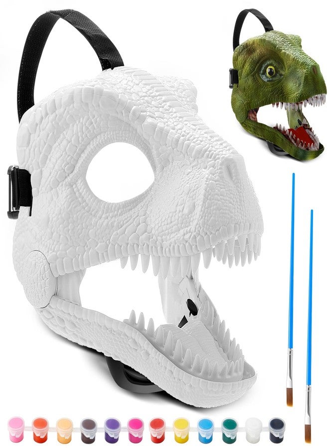 Seenelling مجموعة سينيلينج المكونة من قطعتين من قناع ديناصور بلاستيكي أبيض صلب قابل للتحريك مع طلاء، قناع ديناصور، تي ريكس، جوراسي للأطفال - Image 1