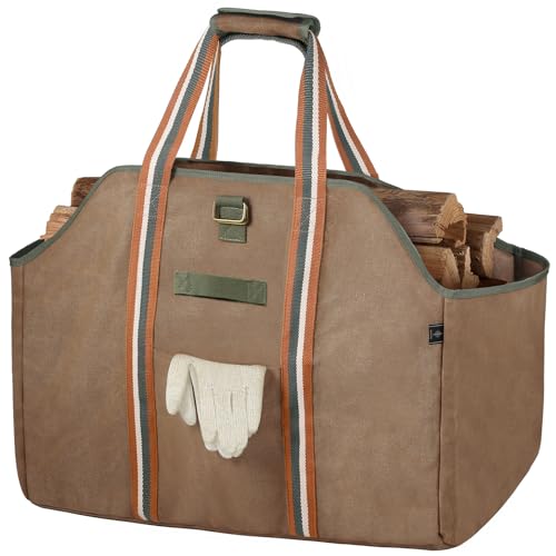 BONTHEE Firewood Carrier Bag, Waxed Canvas Log Carrier, Waterproof Extra Large Log Carrier Holder Freestanding Tote Bag for Firewood - Brown - Image 1