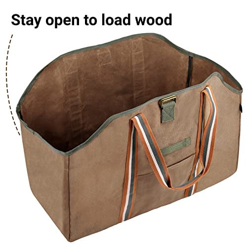 BONTHEE Firewood Carrier Bag, Waxed Canvas Log Carrier, Waterproof Extra Large Log Carrier Holder Freestanding Tote Bag for Firewood - Brown - Image 2