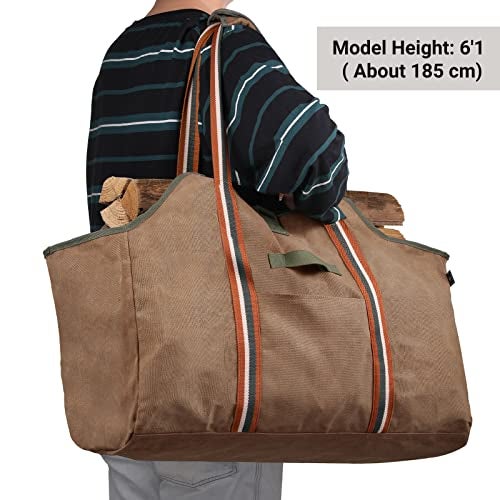 BONTHEE Firewood Carrier Bag, Waxed Canvas Log Carrier, Waterproof Extra Large Log Carrier Holder Freestanding Tote Bag for Firewood - Brown - Image 3