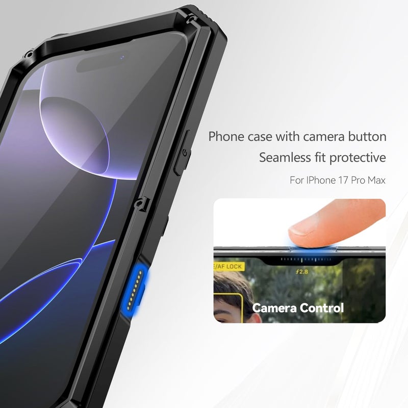 FunnyWin Heavy Duty Metal Phone Case for iPhone 17 Pro Max Aluminum Silicone Armor Full Body Tough Rugged Military Grade Cover with Camera Control Stand Dustproof Shockproof Outdoor Black - Image 3