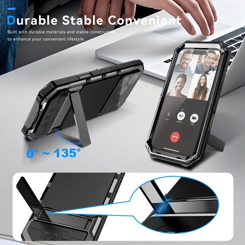 FunnyWin Heavy Duty Metal Phone Case for iPhone 17 Pro Max Aluminum Silicone Armor Full Body Tough Rugged Military Grade Cover with Camera Control Stand Dustproof Shockproof Outdoor Black - Image 2