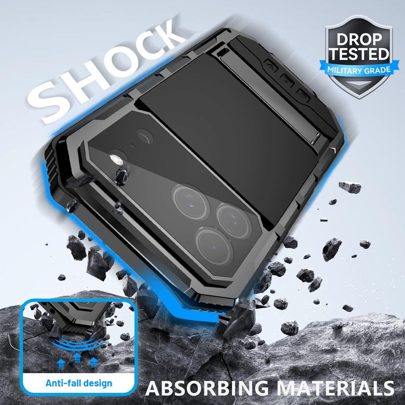 FunnyWin Heavy Duty Metal Phone Case for iPhone 17 Pro Max Aluminum Silicone Armor Full Body Tough Rugged Military Grade Cover with Camera Control Stand Dustproof Shockproof Outdoor Black - Image 4