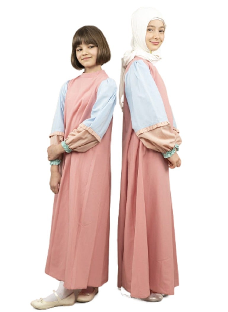 Lamora Young Girls long layers sleeves maxi Arabic Style Dress with zero neckline, for summer  Pink - Image 1