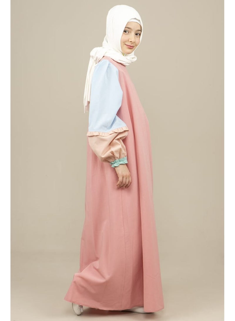 Lamora Young Girls long layers sleeves maxi Arabic Style Dress with zero neckline, for summer  Pink - Image 2