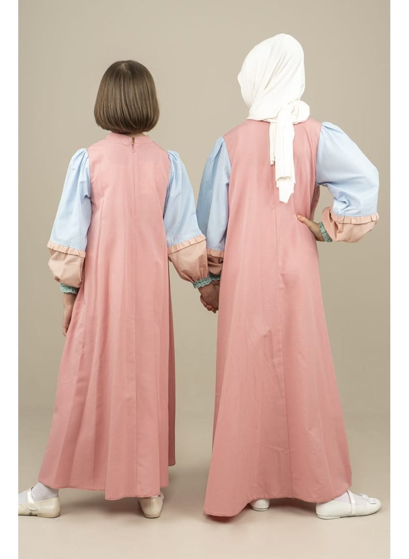 Lamora Young Girls long layers sleeves maxi Arabic Style Dress with zero neckline, for summer  Pink - Image 3