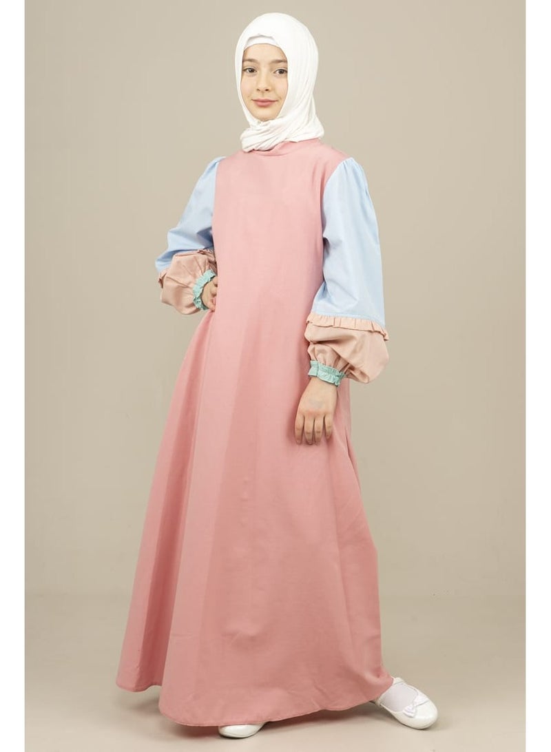 Lamora Young Girls long layers sleeves maxi Arabic Style Dress with zero neckline, for summer  Pink - Image 4