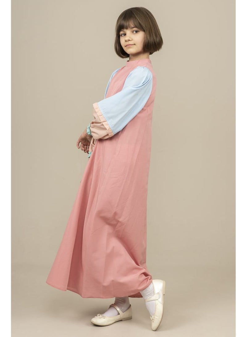 Lamora Young Girls long layers sleeves maxi Arabic Style Dress with zero neckline, for summer  Pink - Image 5