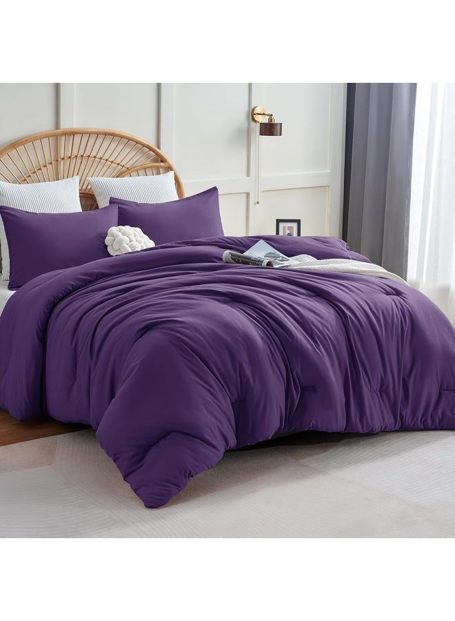 CozyLux Full Size Comforter Set Purple, 3 Pieces Solid Breathable Quilted Style Bedding Sets, Luxury Soft Bed Set with Down Alternative Comforter for All Season (1 Comforter & 2 Pillowcases) - Image 1