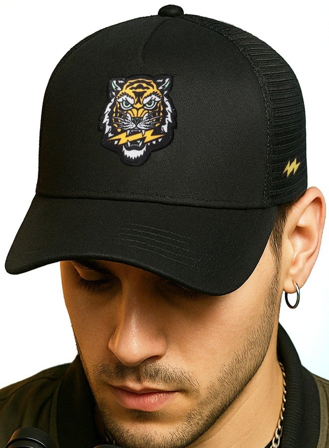 Supervek Tiger OG Thunder Retro Padded Trucker Caps for Men and Women Streetwear Mesh Cap - Breathable Mesh Truckers - Perfect Trucker Cap for Outdoor Travel Fashion Black - Image 1