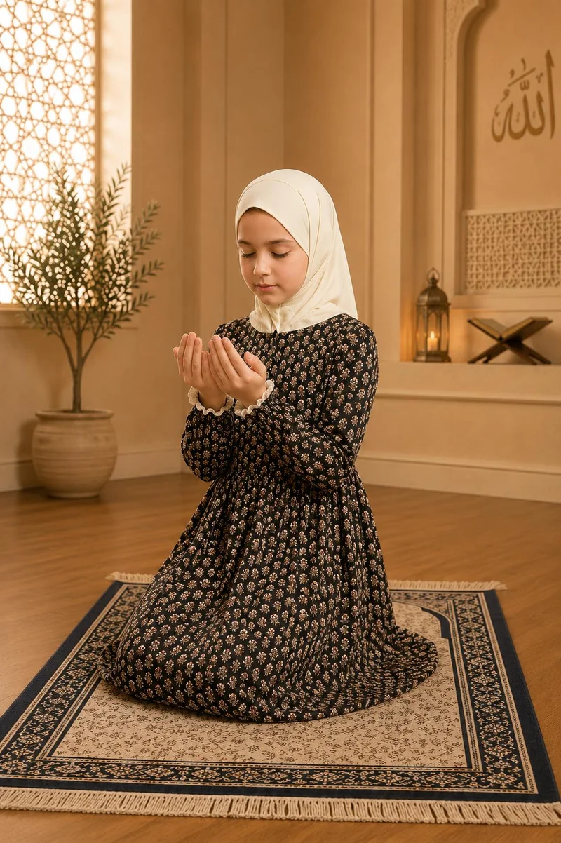 أرتيميا Black Mughal Printed Girls Prayer dress with Hijab