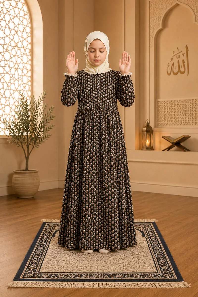 أرتيميا Black Mughal Printed Girls Prayer dress with Hijab
