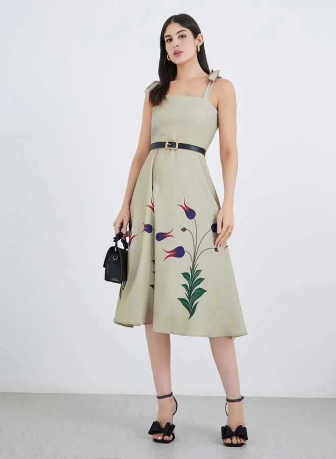 Styli Styli Printed Strappy A-Line Midi Dress with Belt