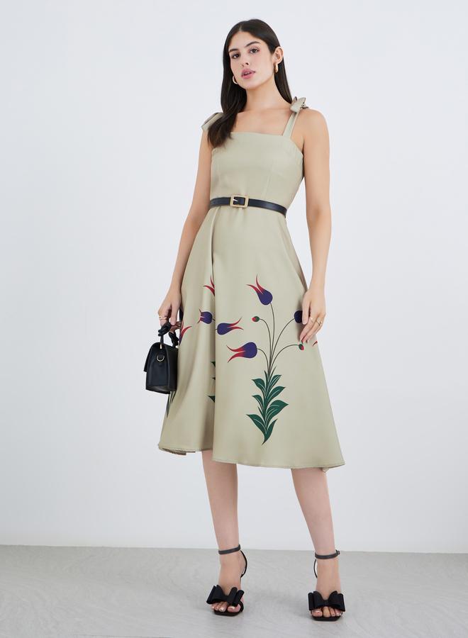 Styli Printed Strappy A-Line Midi Dress with Belt - Image 3