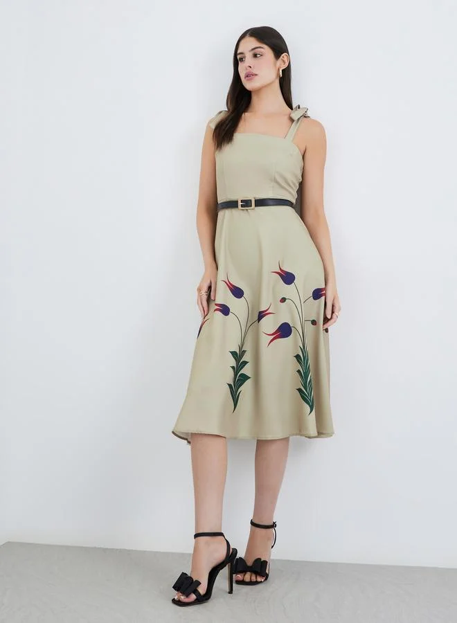 ستايلي Styli Printed Strappy A-Line Midi Dress with Belt