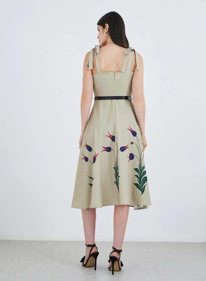 Styli Styli Printed Strappy A-Line Midi Dress with Belt