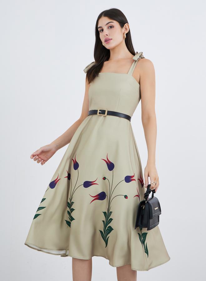 Styli Printed Strappy A-Line Midi Dress with Belt - Image 1