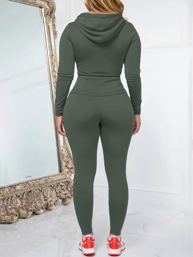 AUXDIO Women 2 Piece Outfits Casual Workout Sets Bodycon Tracksuit Zip Up Long Sleeve Hoodle Jacket Jogger Pants Set Army Green M - Image 4