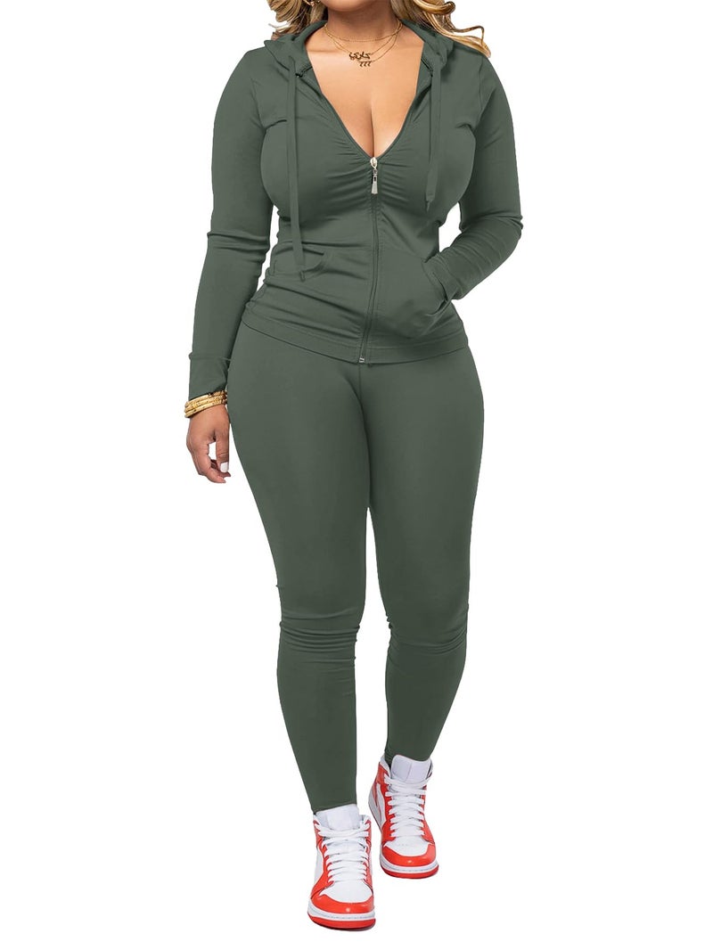 AUXDIO Women 2 Piece Outfits Casual Workout Sets Bodycon Tracksuit Zip Up Long Sleeve Hoodle Jacket Jogger Pants Set Army Green M - Image 1