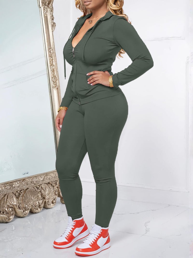 AUXDIO Women 2 Piece Outfits Casual Workout Sets Bodycon Tracksuit Zip Up Long Sleeve Hoodle Jacket Jogger Pants Set Army Green M - Image 3