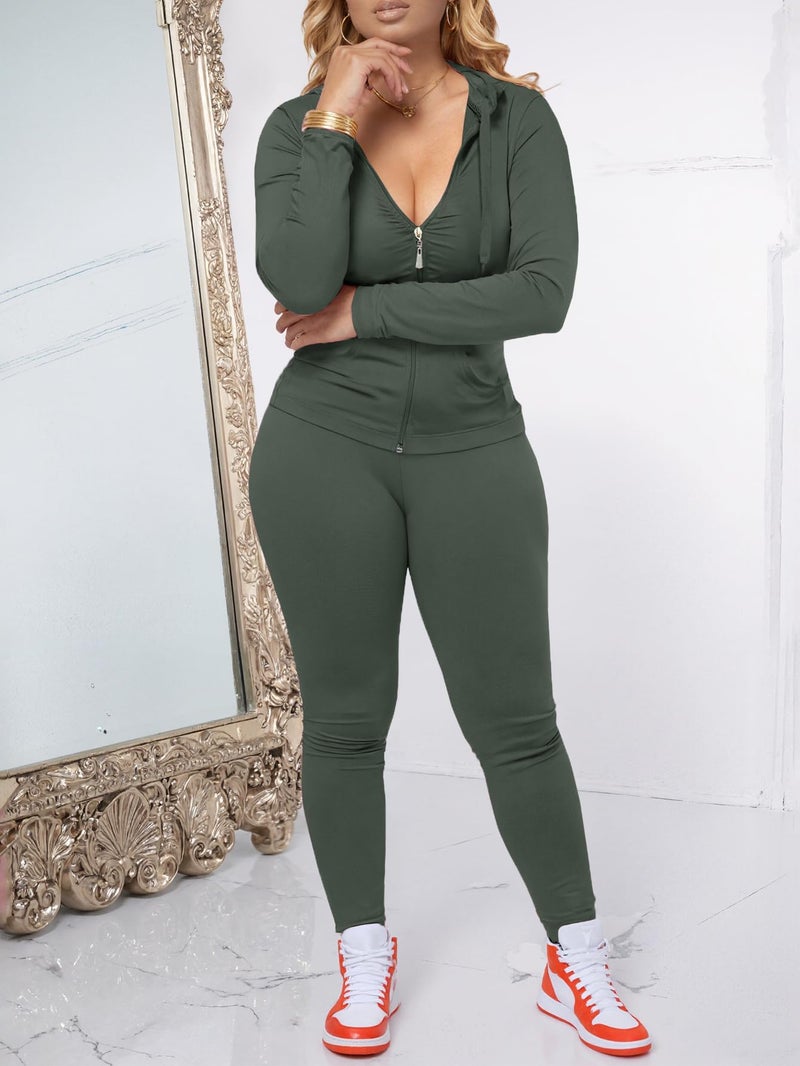 AUXDIO Women 2 Piece Outfits Casual Workout Sets Bodycon Tracksuit Zip Up Long Sleeve Hoodle Jacket Jogger Pants Set Army Green M - Image 5
