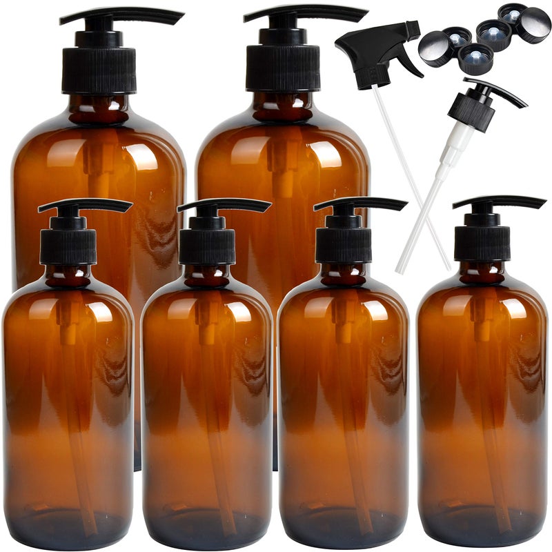 Youngever 6 Pack Empty Glass Pump Bottles, 2 Pack 16 Ounce and 4 Pack 8 Ounce Pump Bottles, Soap Dispenser, Refillable Containers (Amber) - Image 1
