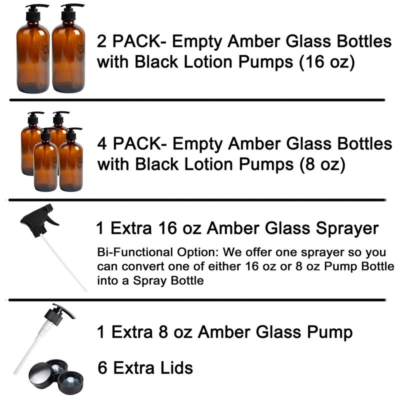 Youngever 6 Pack Empty Glass Pump Bottles, 2 Pack 16 Ounce and 4 Pack 8 Ounce Pump Bottles, Soap Dispenser, Refillable Containers (Amber) - Image 3