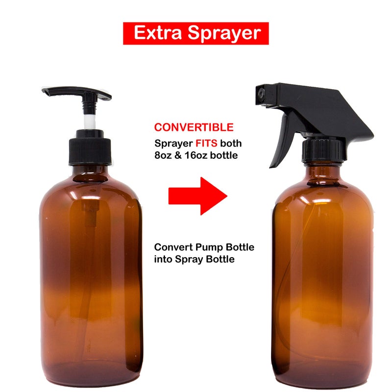 Youngever 6 Pack Empty Glass Pump Bottles, 2 Pack 16 Ounce and 4 Pack 8 Ounce Pump Bottles, Soap Dispenser, Refillable Containers (Amber) - Image 5