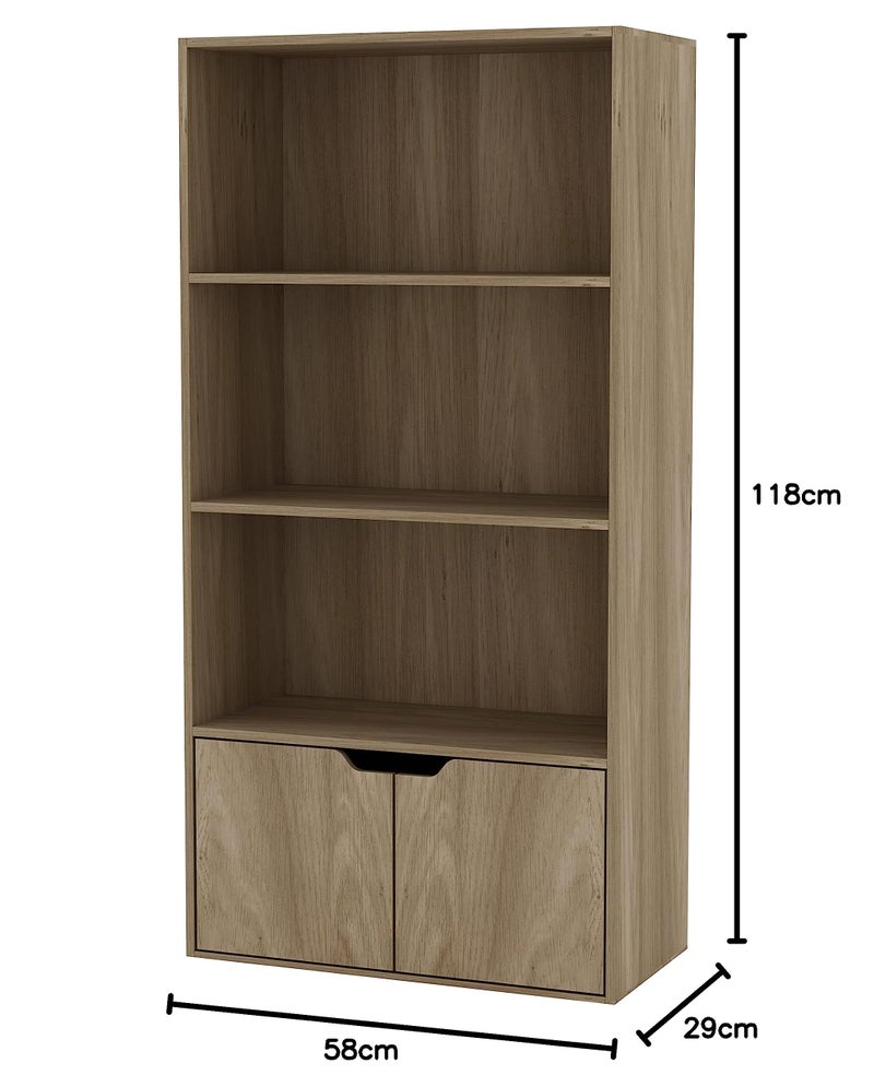 4-Tier Wide Wooden Bookcase Cupboard with 2 Doors, a versatile Storage Shelving Display Unit for Living Room or Office, finished in a classic Oak - Brown - Image 2