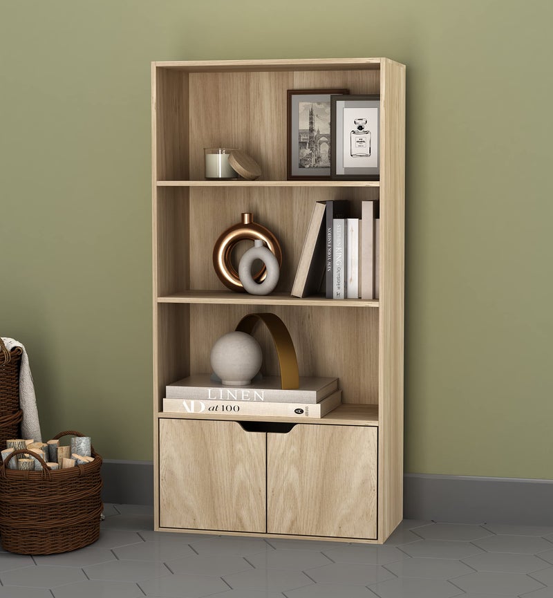4-Tier Wide Wooden Bookcase Cupboard with 2 Doors, a versatile Storage Shelving Display Unit for Living Room or Office, finished in a classic Oak - Brown - Image 1