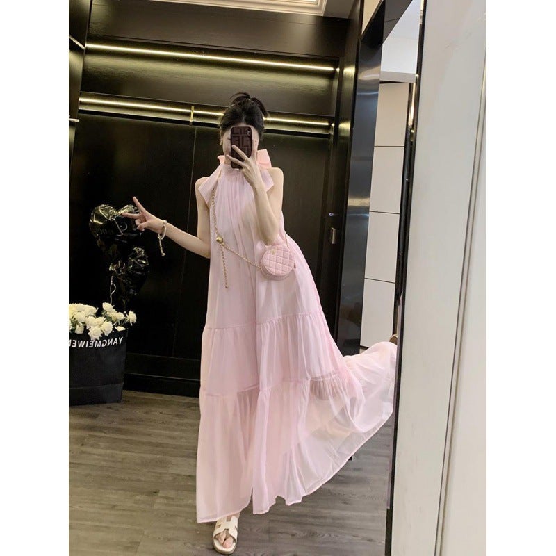 French Halter Dress Summer 2024 Sweet Age-Reducing Maxi Pink - Image 4