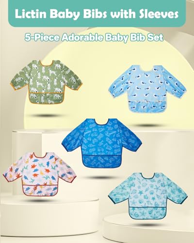 Lictin Baby Bibs for Boys Girls Long Sleeve Bib Waterproof Toddler Bibs 024 Months Neutral Baby Smock for Eating Dark BlueWathetBlueGreenBrown 024 months - Image 3