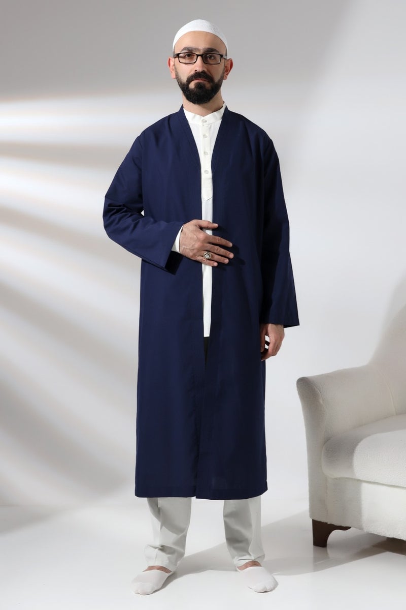 İhvan Online Ihvan Online Navy Blue Men's Prayer Dress V Neck Buttonless Open Front Prayer Robe  - Image 1