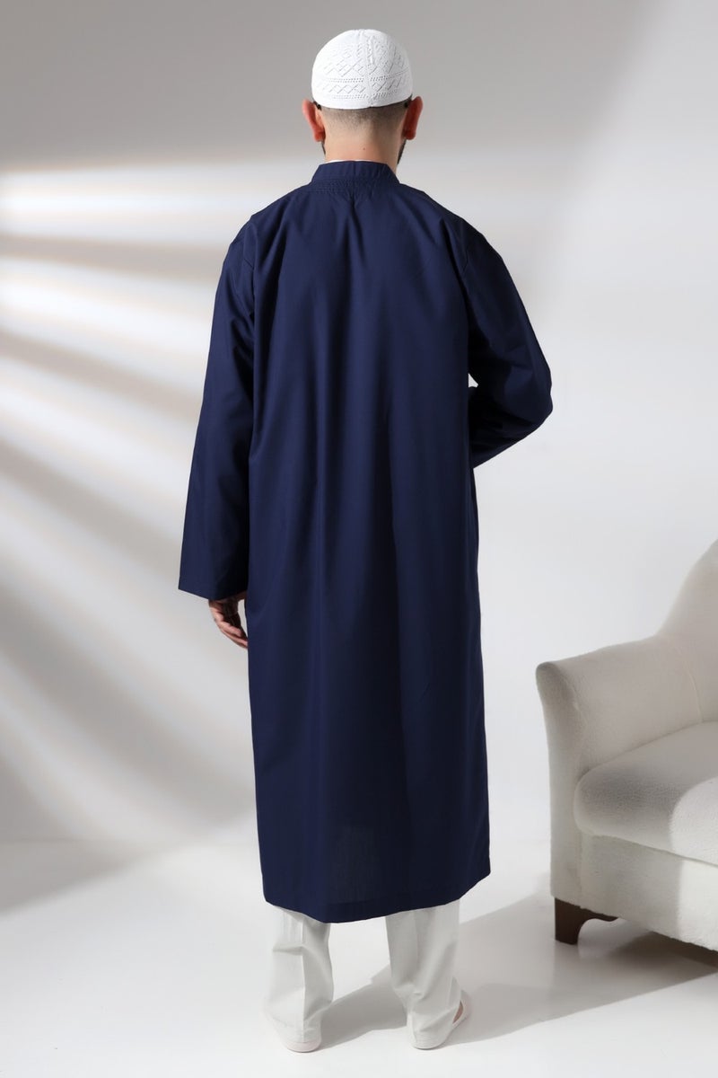 İhvan Online Ihvan Online Navy Blue Men's Prayer Dress V Neck Buttonless Open Front Prayer Robe  - Image 5