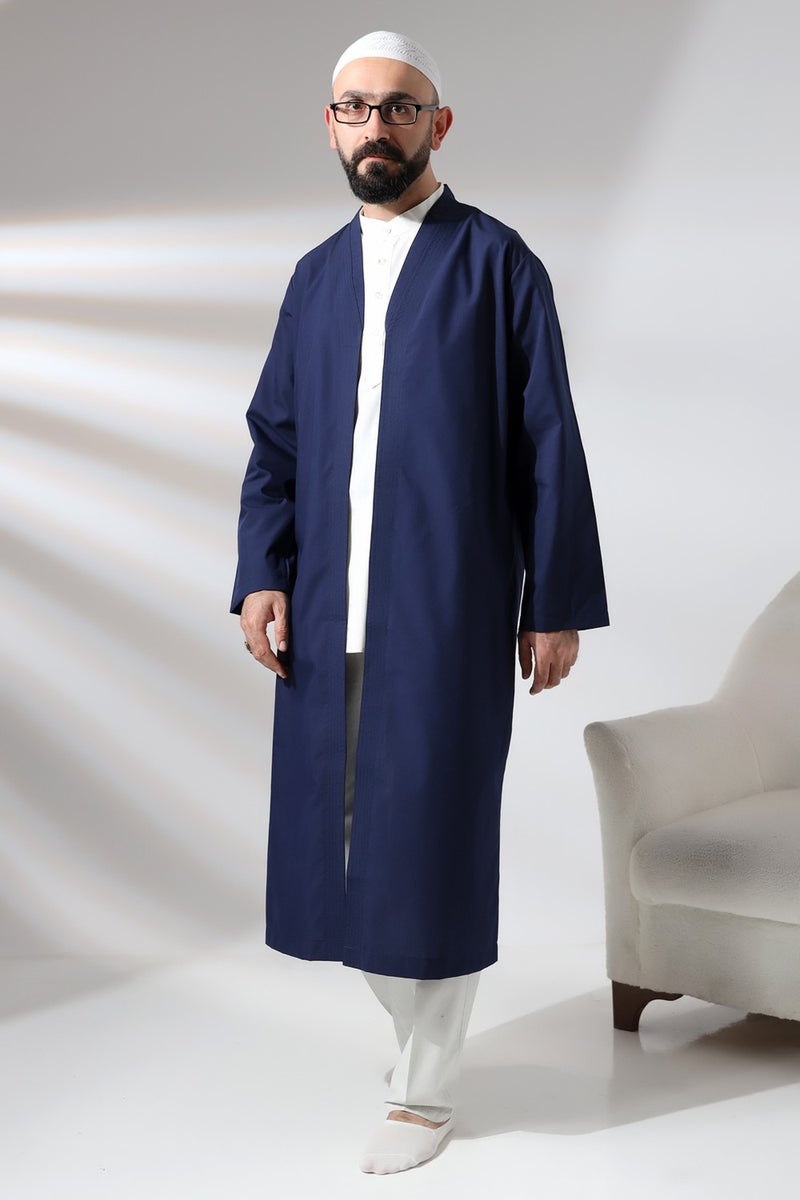 İhvan Online Ihvan Online Navy Blue Men's Prayer Dress V Neck Buttonless Open Front Prayer Robe  - Image 4