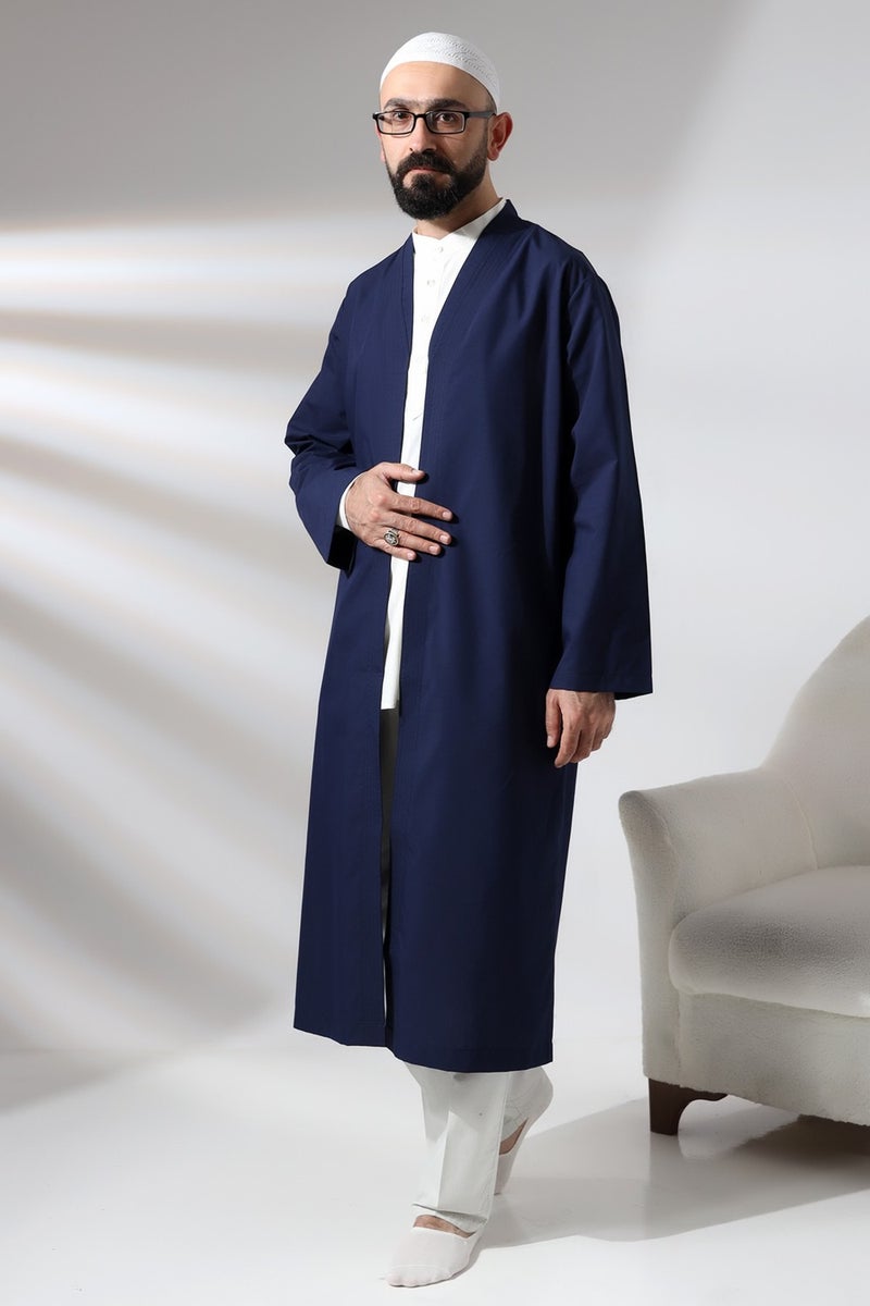 İhvan Online Ihvan Online Navy Blue Men's Prayer Dress V Neck Buttonless Open Front Prayer Robe  - Image 3